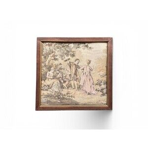 Vintage Framed Rococo Garden Tapestry - Mid Century French Decor - 20x21